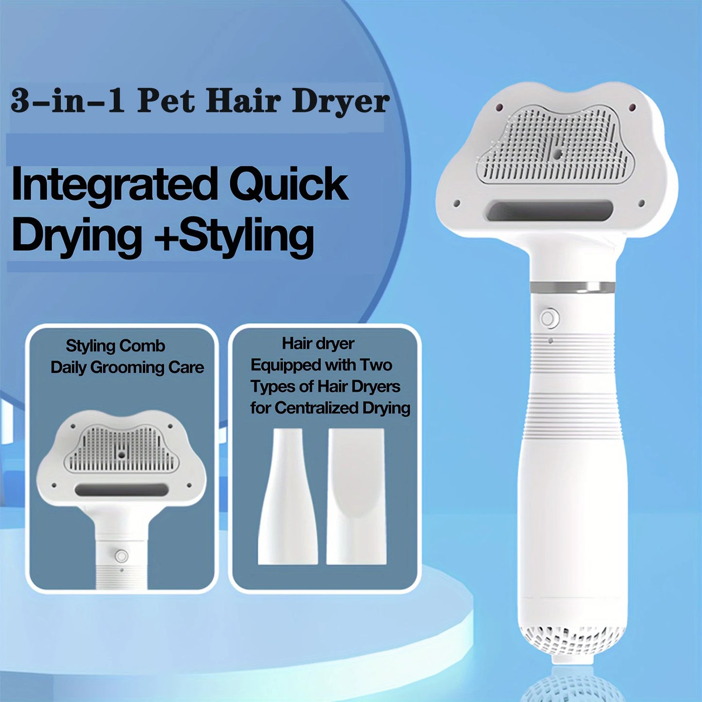 3-In-1 Quiet Pet Hair Dryer, Pet Grooming Brush, Hot Air Brush for Grooming and Hair Removal, Smooth and Efficient Drying